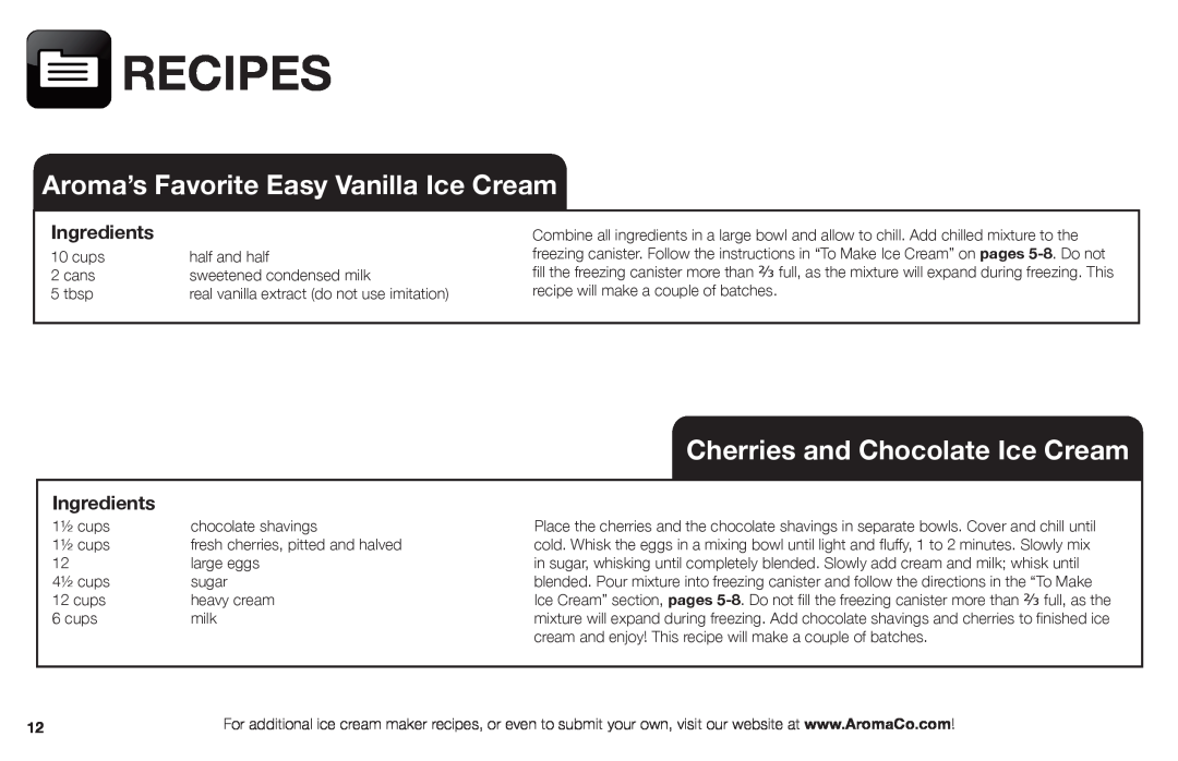 Aroma AIC-206EM Recipes, Aroma’s Favorite Easy Vanilla Ice Cream, Ingredients, Cherries and Chocolate Ice Cream 