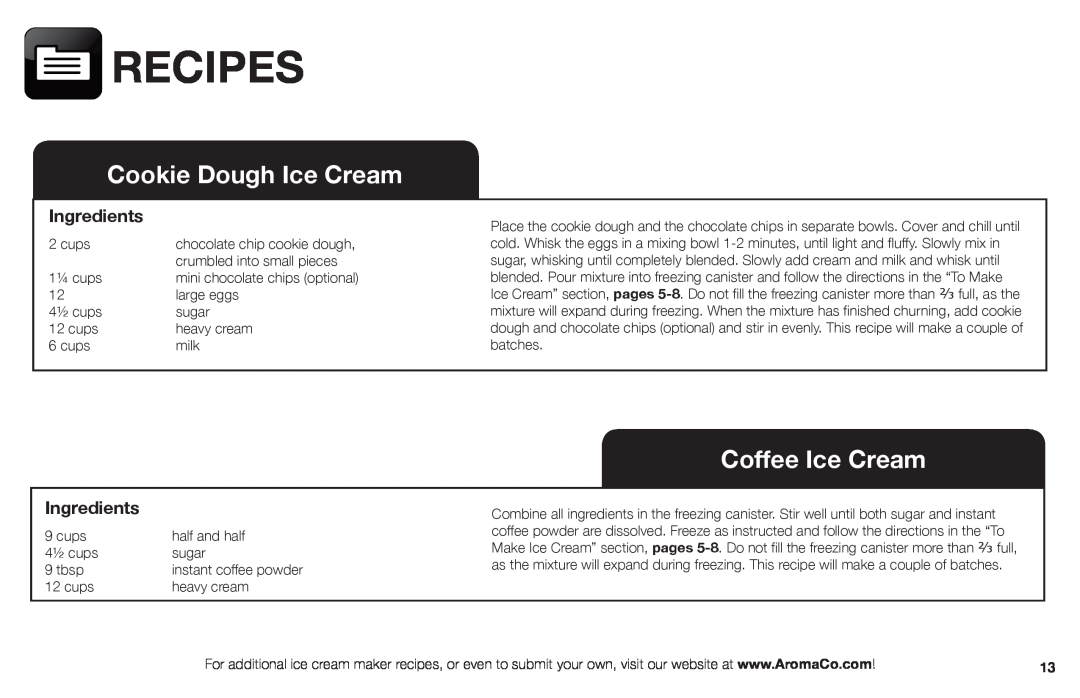 Aroma AIC-206EM instruction manual Cookie Dough Ice Cream, Coffee Ice Cream, Recipes, Ingredients 