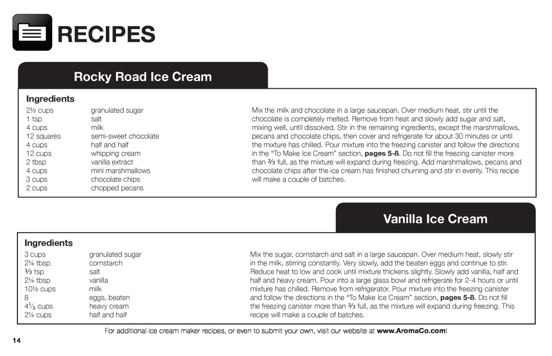 Aroma AIC-206EM instruction manual Rocky Road Ice Cream, Vanilla Ice Cream, Recipes, Ingredients 