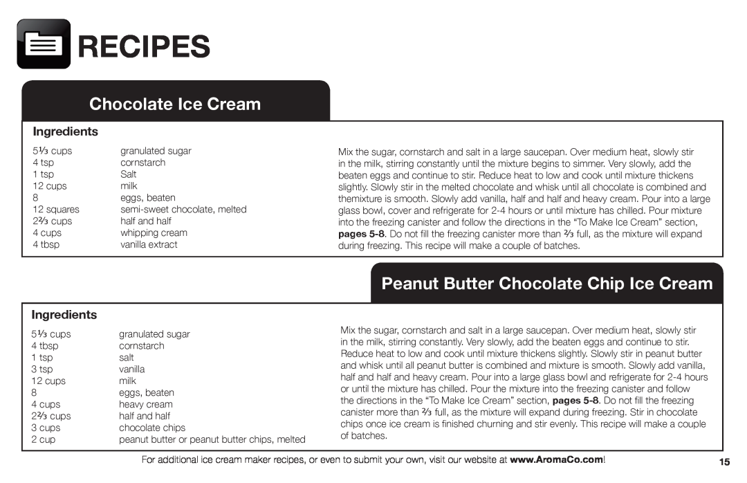 Aroma AIC-206EM instruction manual Chocolate Ice Cream, Peanut Butter Chocolate Chip Ice Cream, Recipes, Ingredients 