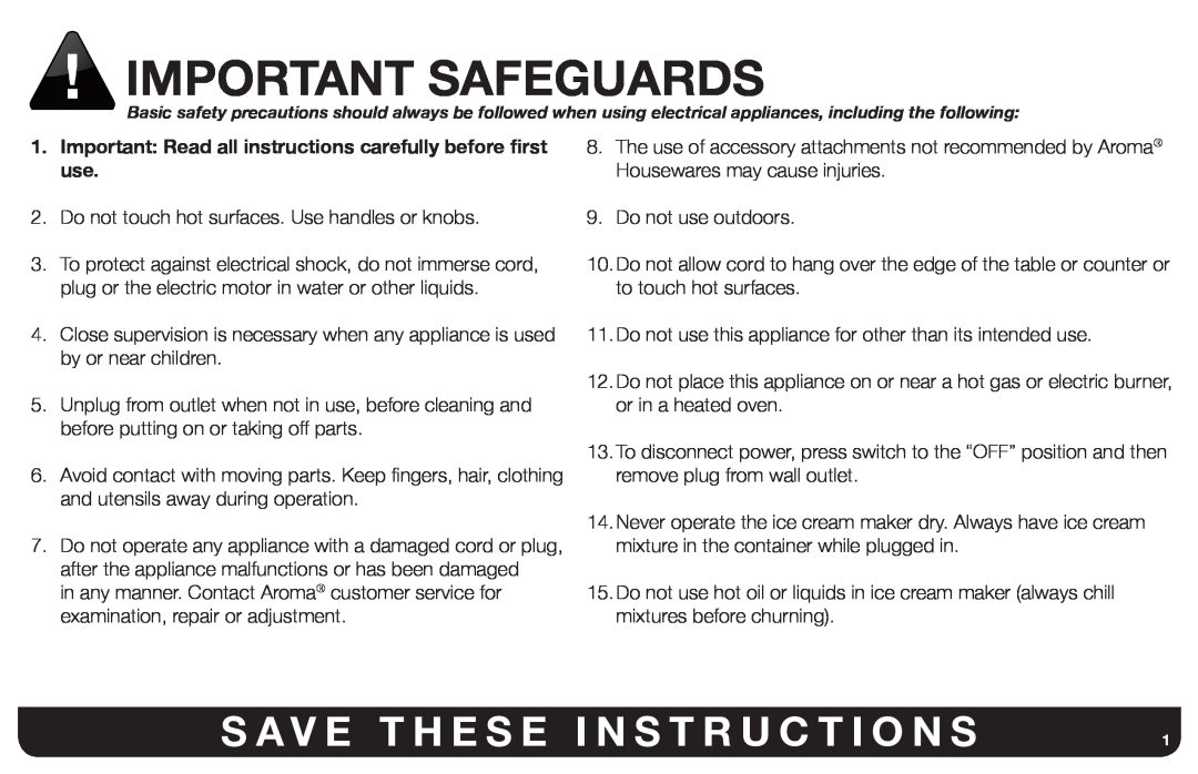 Aroma AIC-206EM instruction manual Important Safeguards, S A V E T H E S E I N S T R U C T I O N S 
