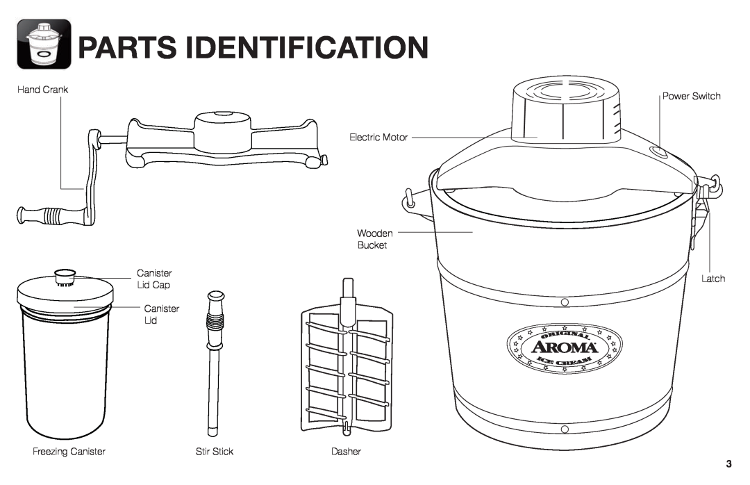 Aroma AIC-206EM Parts Identification, Hand Crank, Electric Motor, Wooden Bucket, Lid Cap, Canister Lid, Stir Stick 