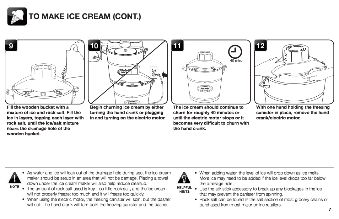 Aroma AIC-206EM instruction manual To Make Ice Cream Cont, down under the ice cream maker will also help reduce cleanup 