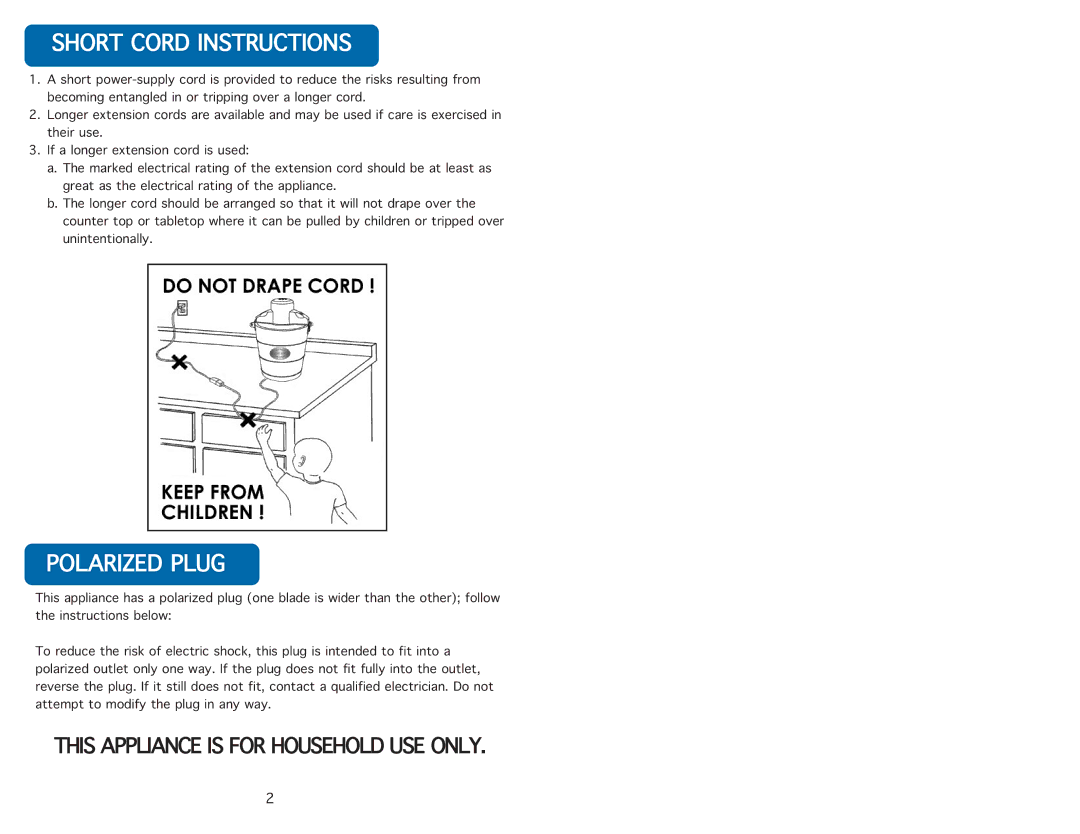 Aroma AIC-214 instruction manual Short\Cord\Instructions, Polarized\Plug 