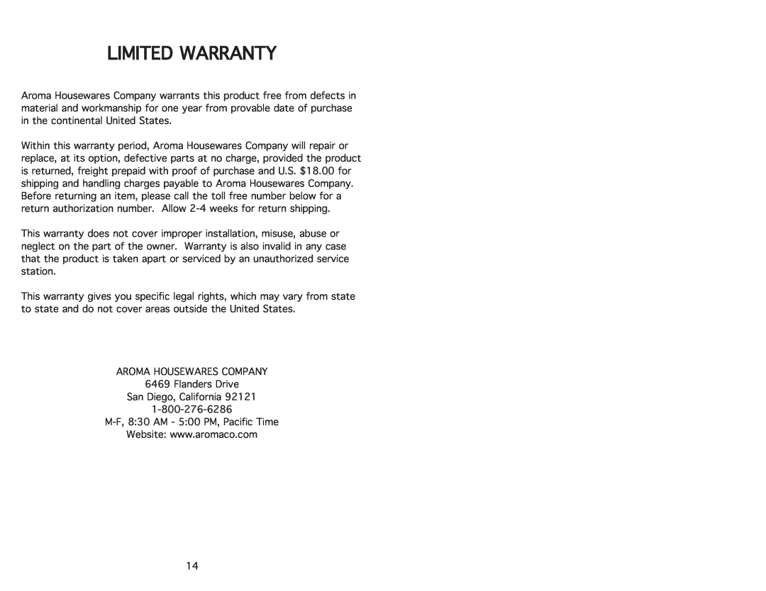Aroma AIC-214 instruction manual Limited\Warranty 