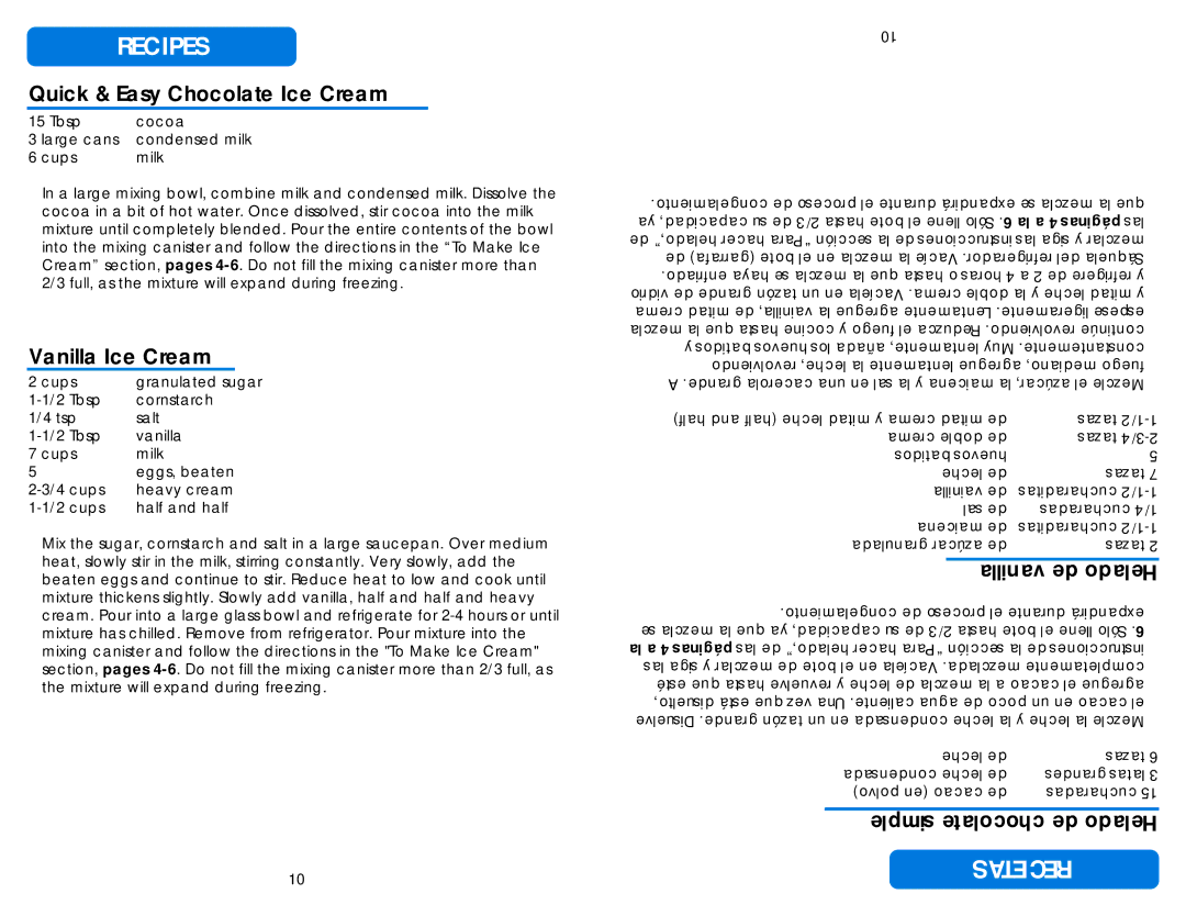 Aroma AIC-234 instruction manual Recipes, Recetas, Quick & Easy Chocolate Ice Cream, Vanilla Ice Cream 