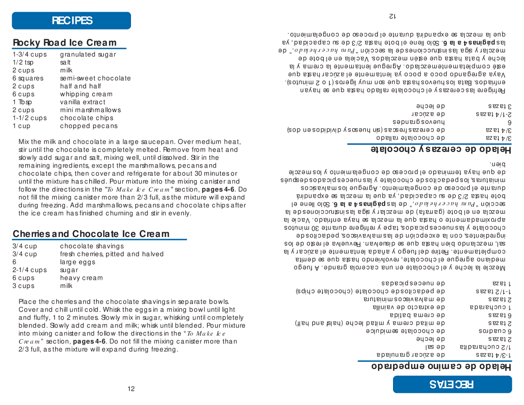 Aroma AIC-234 instruction manual Rocky Road Ice Cream, Cherries and Chocolate Ice Cream, Chocolate y cerezas de Helado 