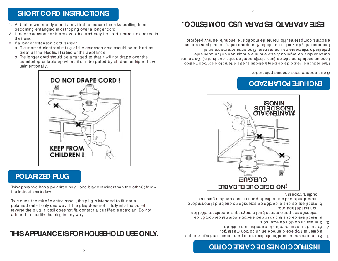 Aroma AIC-234 instruction manual Short Cord Instructions, Polarized Plug 