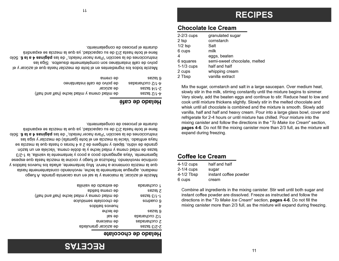 Aroma AIC-244 instruction manual Recetas Recipes, Chocolate Ice Cream, Coffee Ice Cream 