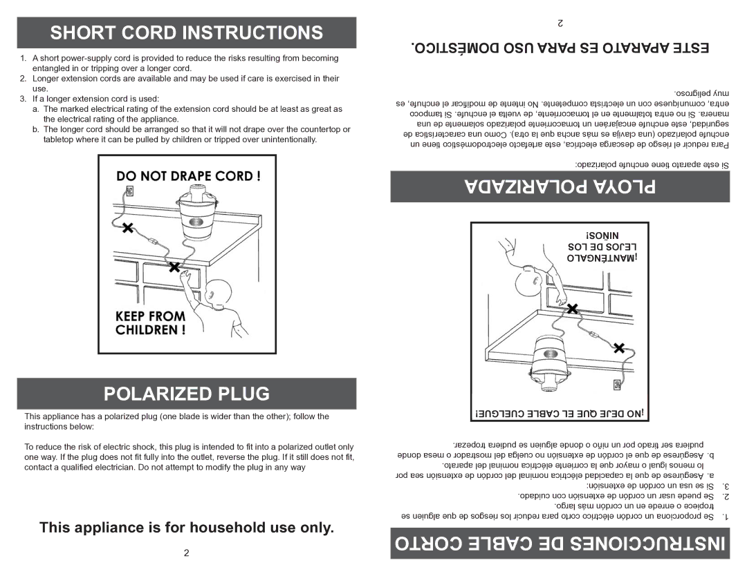 Aroma AIC-244 Short Cord Instructions, Polarized Plug, Polarizado enchufe tiene aparato este Si Polarizada Ploya 