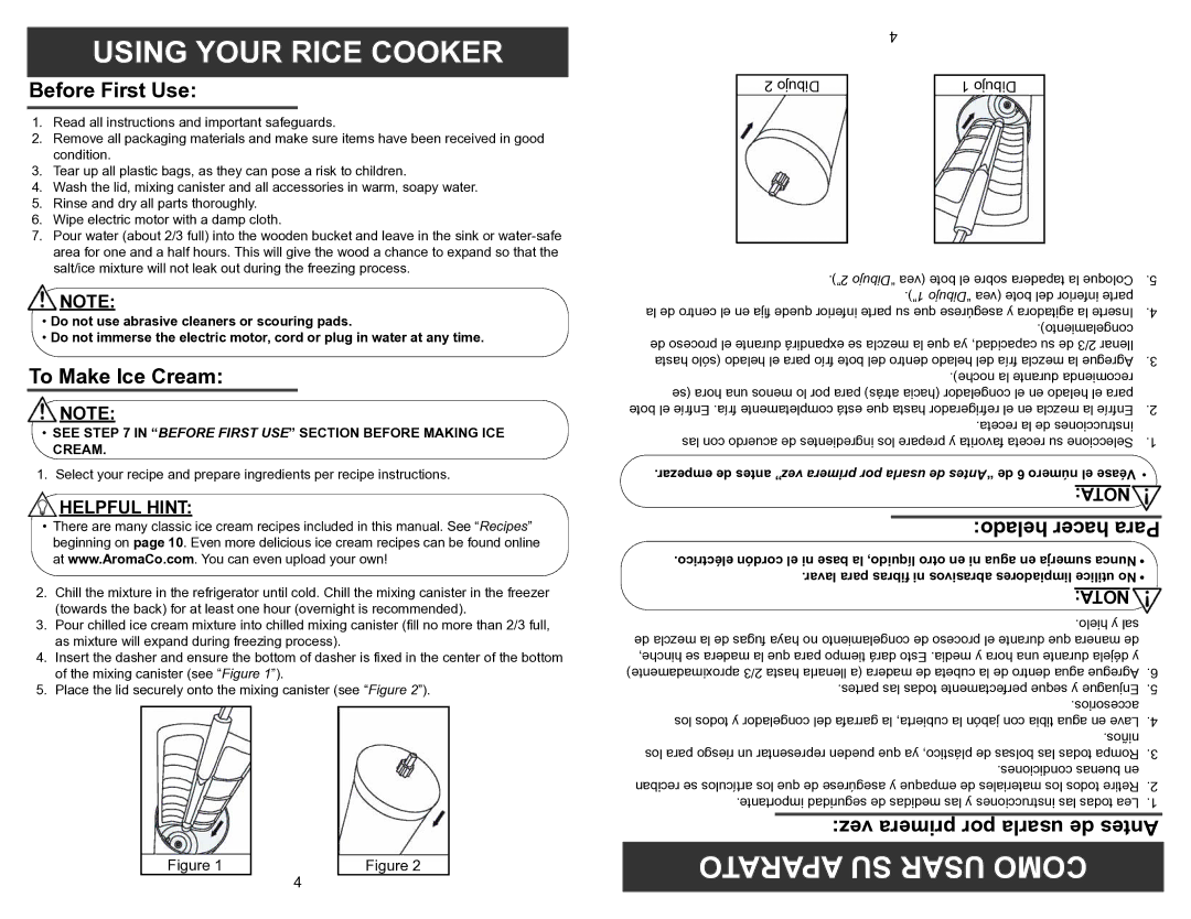 Aroma AIC-244 Using Your Rice Cooker, Aparato SU Usar Como, Before First Use, To Make Ice Cream, Helado hacer Para 