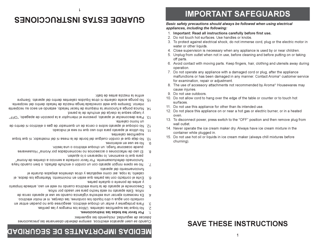 Aroma AIC-244 instruction manual Important Safeguards, Save These Instructions, Seguridad De Importantes Medidas 