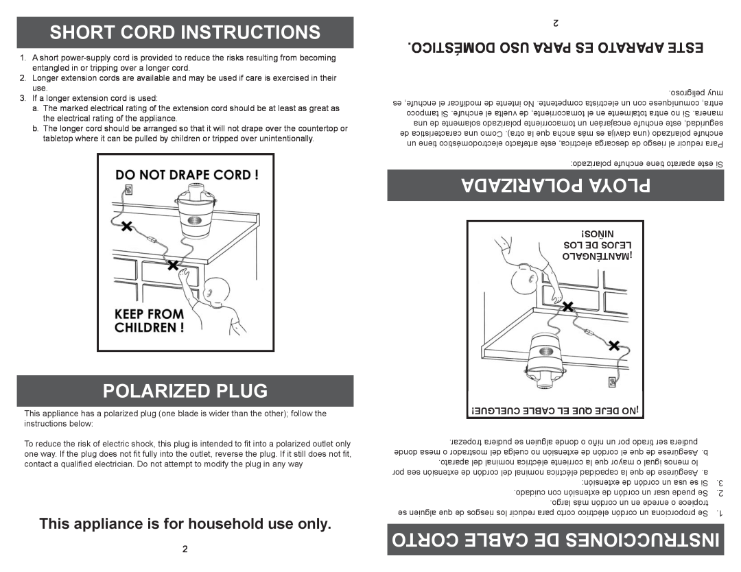Aroma AIC-244 Short Cord Instructions, Polarized Plug, Corto Cable De Instrucciones, 2 .DOMÉSTICO USO PARA ES APARATO ESTE 