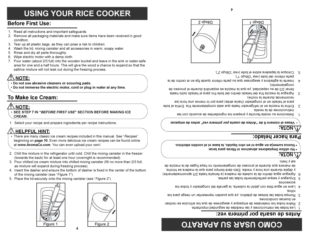 Aroma AIC-244 Using Your Rice Cooker, Aparato Su Usar Como, Before First Use, To Make Ice Cream, helado hacer Para, Nota 