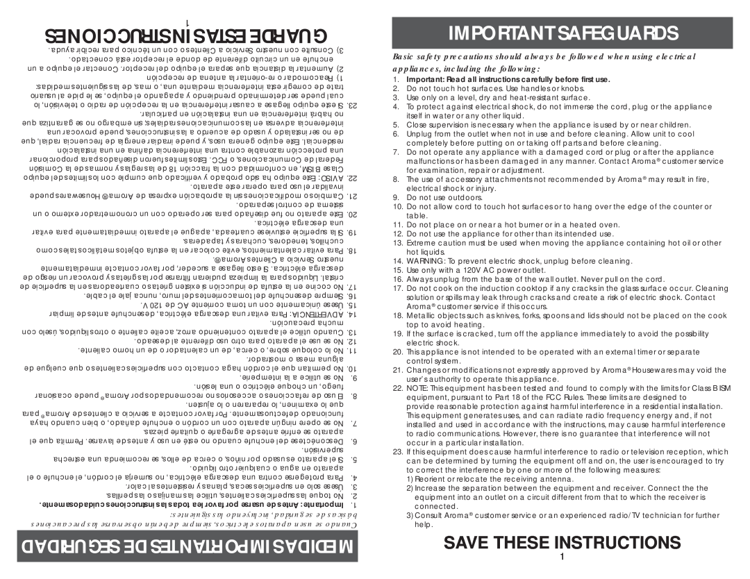 Aroma AID-506 instruction manual Important Safeguards, help. SAVE THESE INSTRUCTIONS, Instrucciones Estas Guarde 