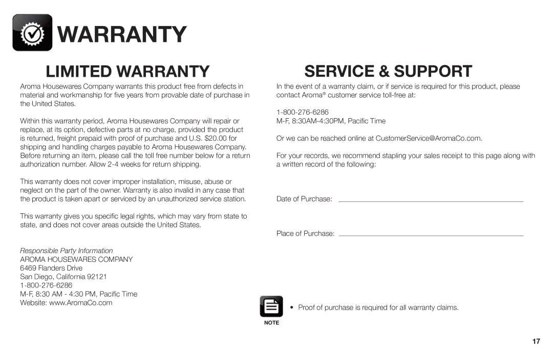 Aroma AID-513FP instruction manual Limited Warranty 