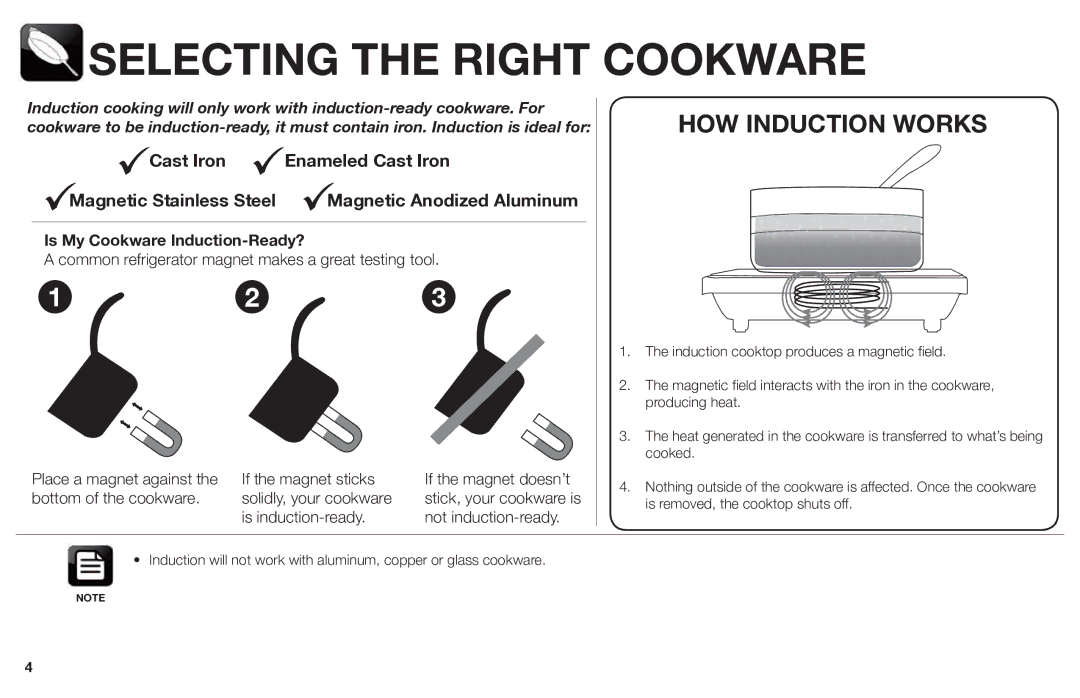 Aroma AID-513FP instruction manual Selecting the Right Cookware, Cast Iron Enameled Cast Iron Magnetic Stainless Steel 