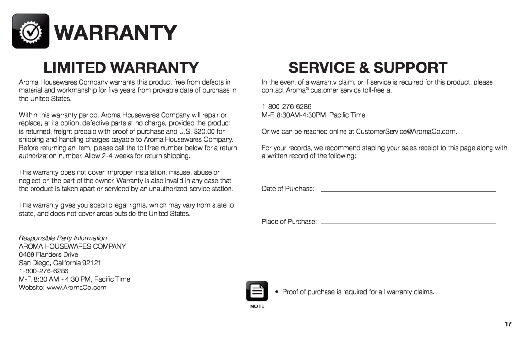 Aroma AID-513FP instruction manual Limited Warranty, Service & Support, Responsible Party Information 
