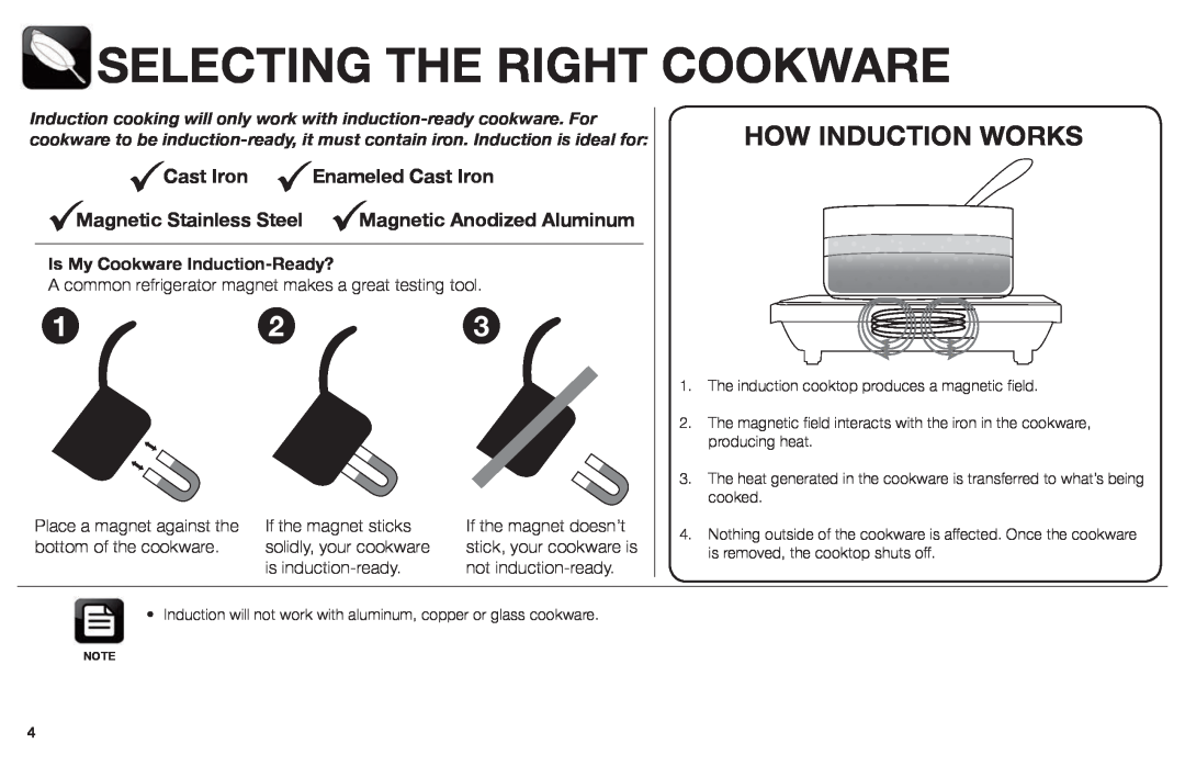 Aroma AID-513FP Selecting The Right Cookware, How Induction Works, Enameled Cast Iron, Magnetic Stainless Steel 