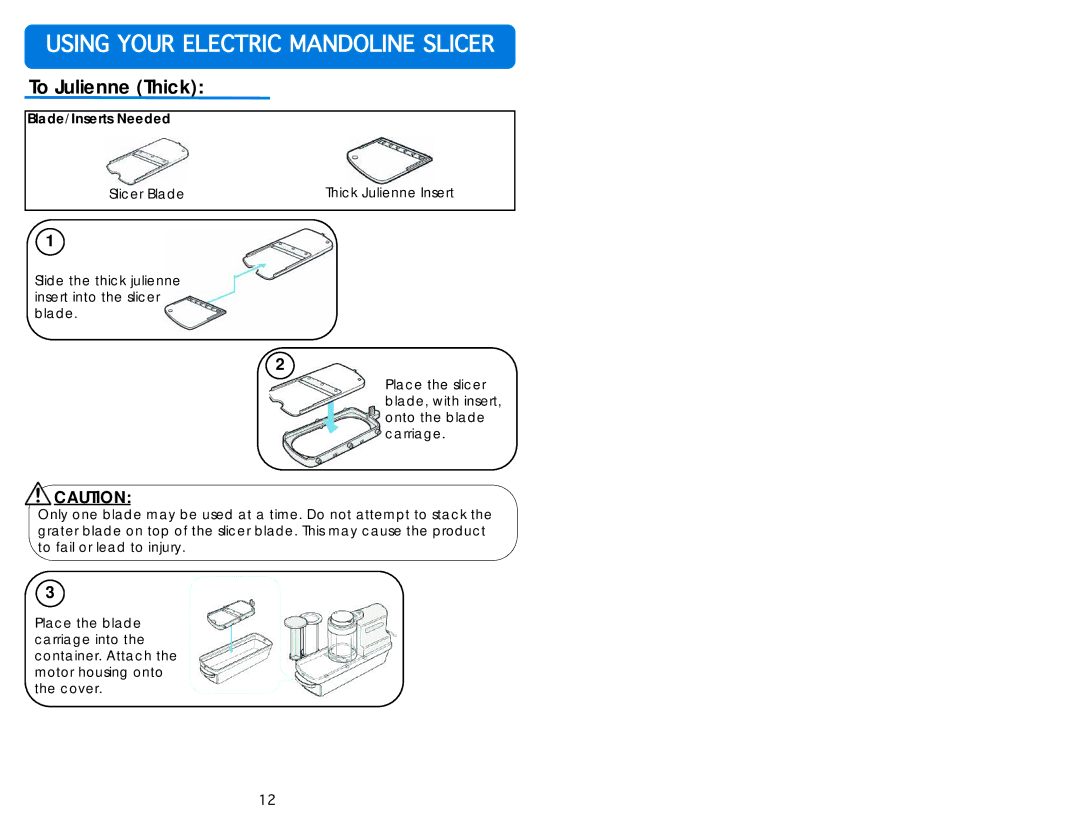 Aroma AMN-100 instruction manual To Julienne Thick, Blade/Inserts Needed 