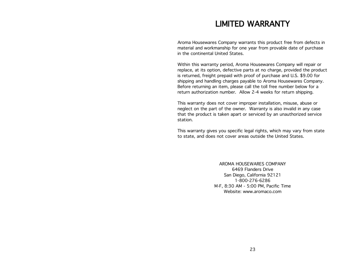 Aroma AMN-100 instruction manual Limitedfwarranty 