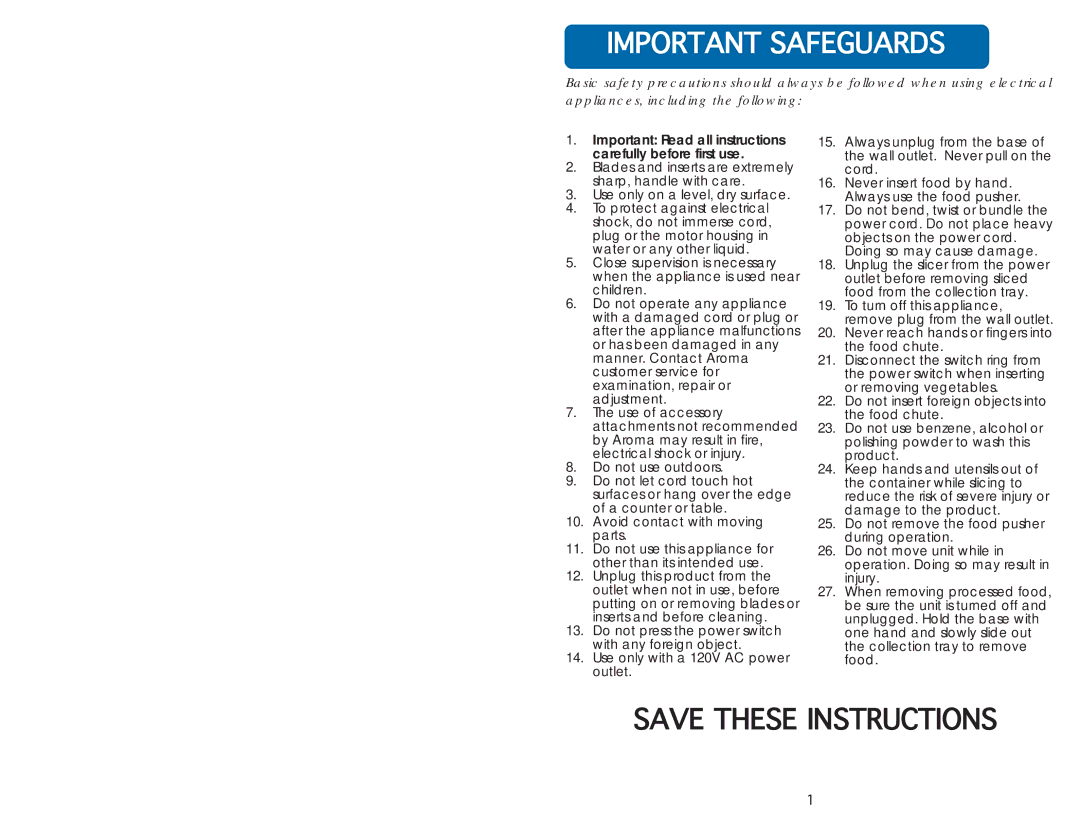 Aroma AMN-100 instruction manual Importantfsafeguards 