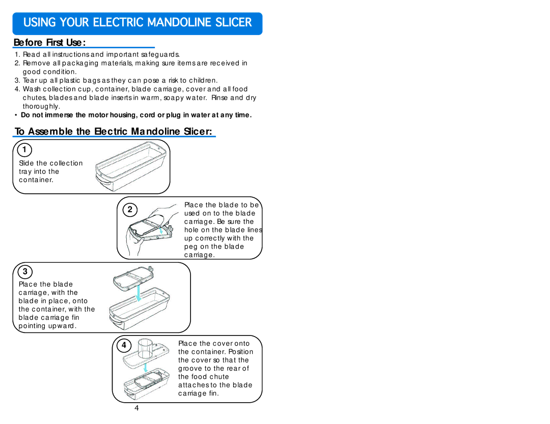 Aroma AMN-100 instruction manual Before First Use, To1Assemble the Electric Mandoline Slicer 