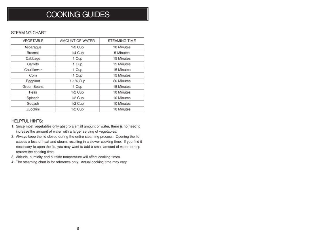 Aroma ARC-010-1SB, ARC010-1SB instruction manual Steaming Chart 