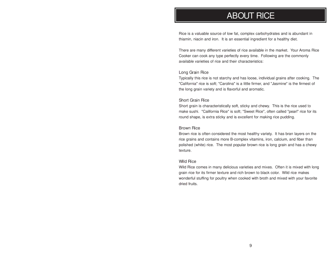 Aroma ARC010-1SB, ARC-010-1SB instruction manual About Rice, Long Grain Rice 