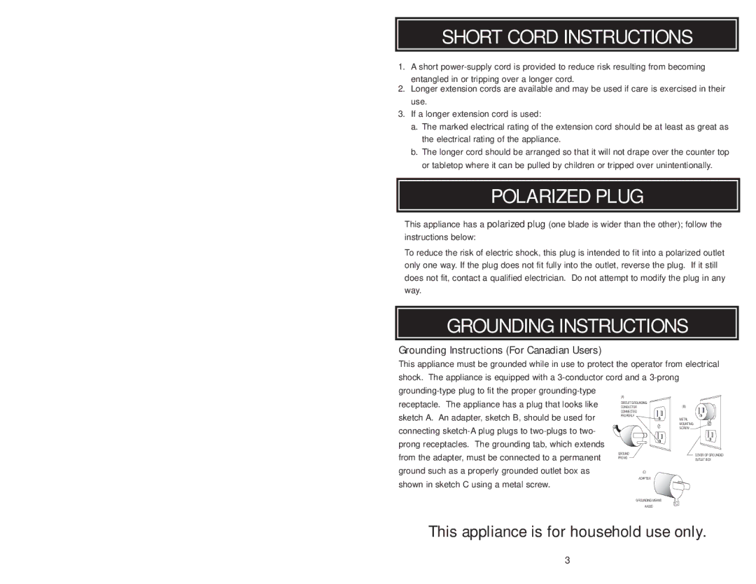 Aroma ARC010-1SB, ARC-010-1SB instruction manual Short Cord Instructions 