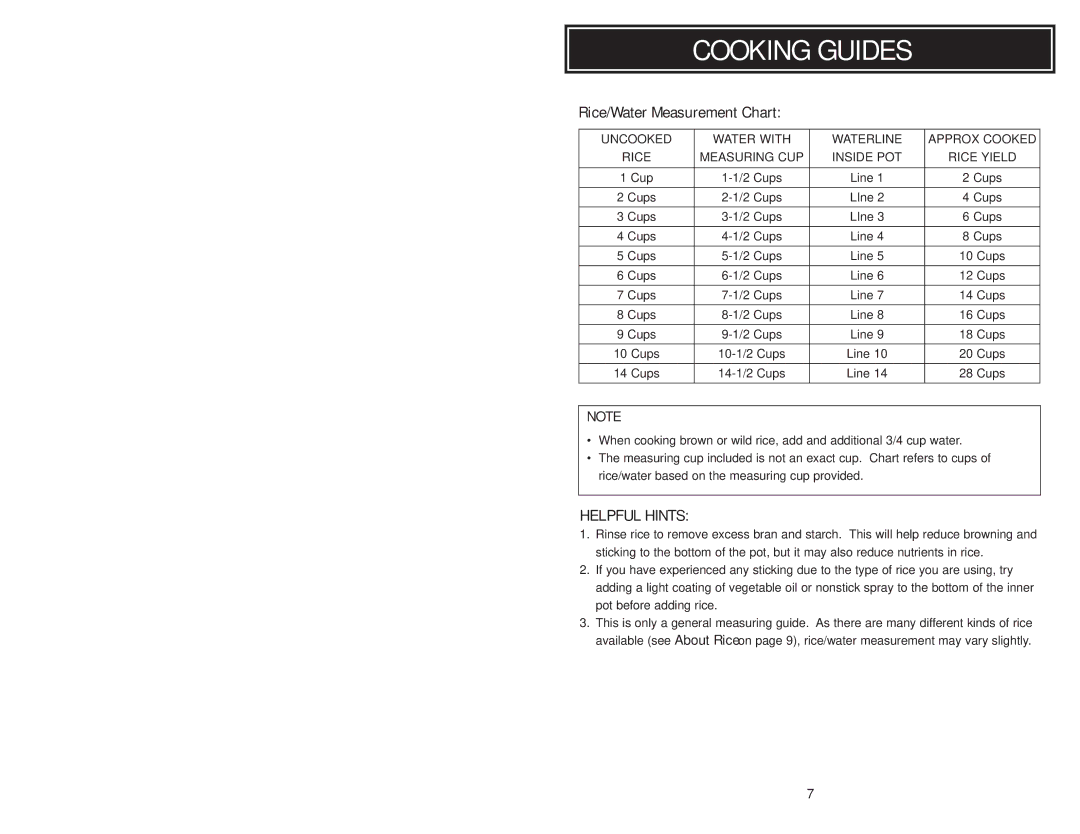 Aroma ARC010-1SB, ARC-010-1SB instruction manual Cooking Guides, Rice/Water Measurement Chart 