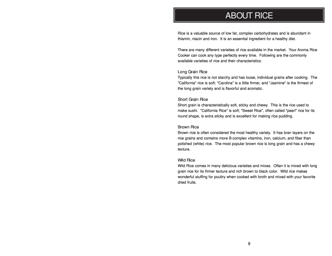 Aroma ARC010-1SB, ARC-010-1SB instruction manual About Rice, Long Grain Rice, Short Grain Rice, Brown Rice, Wild Rice 