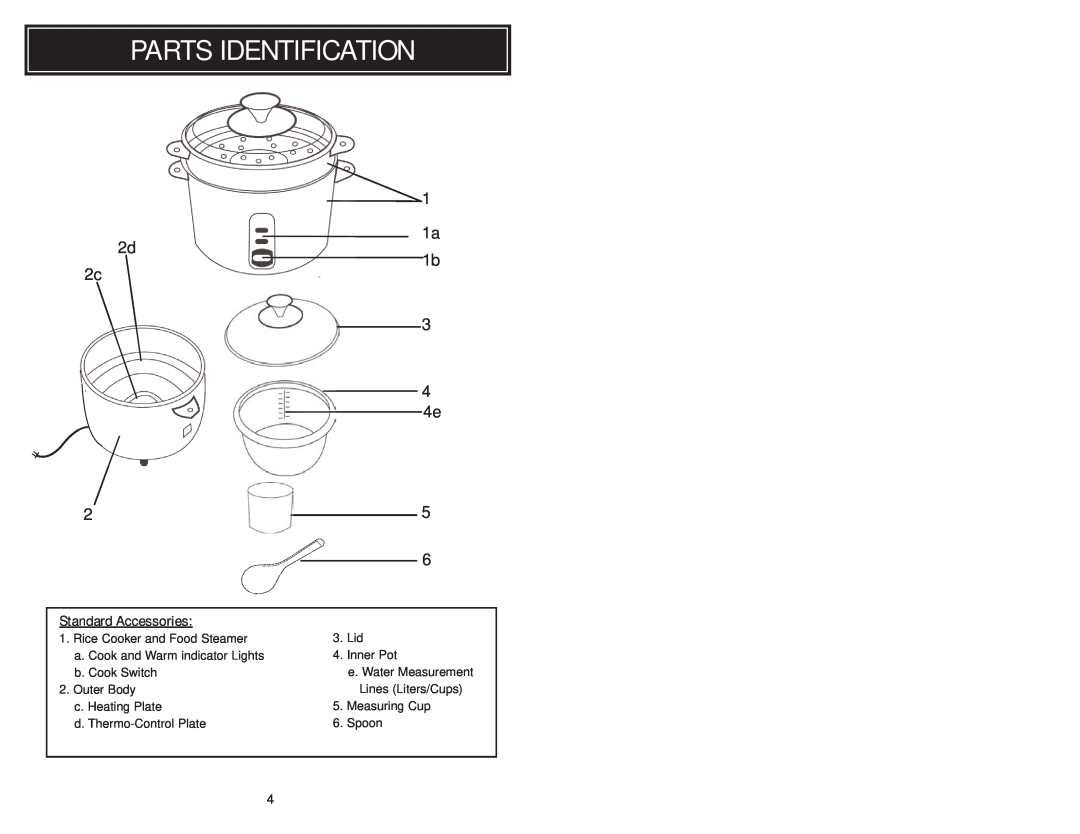 Aroma ARC-010-1SB, ARC010-1SB instruction manual Parts Identification, 1a 2d 1b, Standard Accessories 