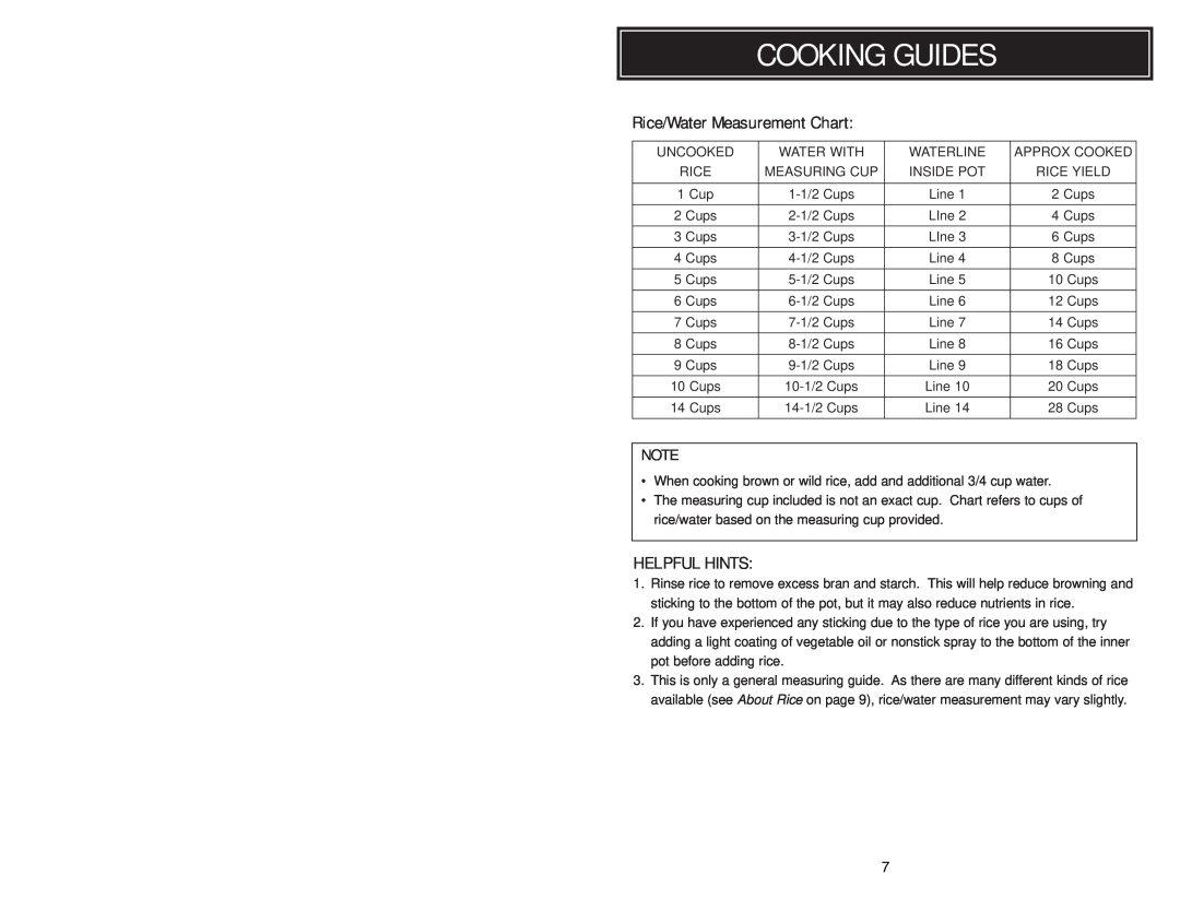 Aroma ARC010-1SB, ARC-010-1SB instruction manual Cooking Guides, Rice/Water Measurement Chart, Helpful Hints 