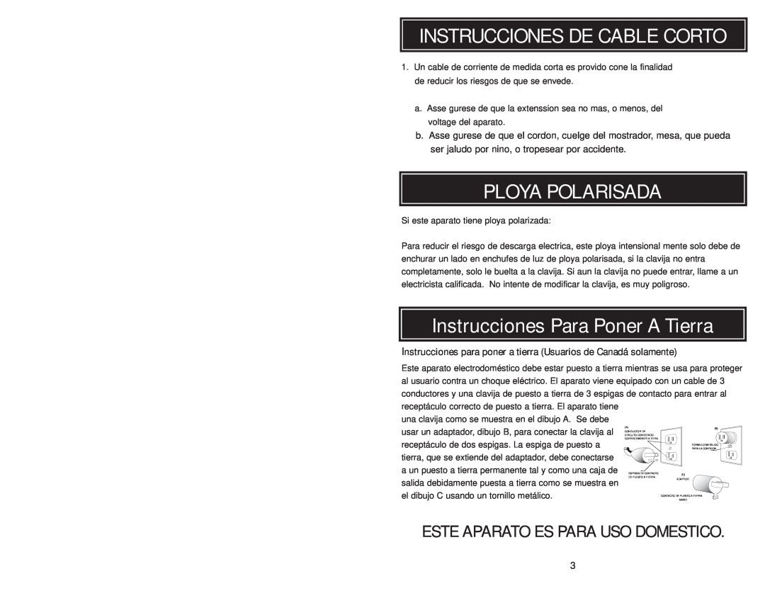 Aroma ARC-010-1SB instruction manual Instrucciones De Cable Corto, Ploya Polarisada, Instrucciones Para Poner A Tierras For 