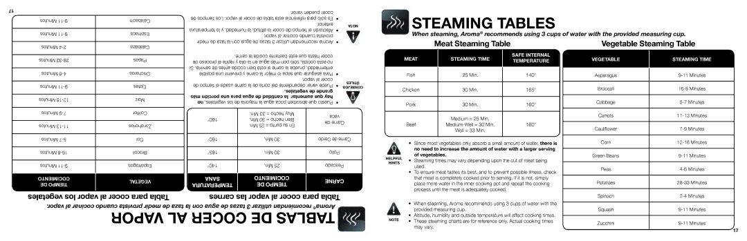 Aroma ARC-1000ASB instruction manual Steaming Tables, Vegetables 