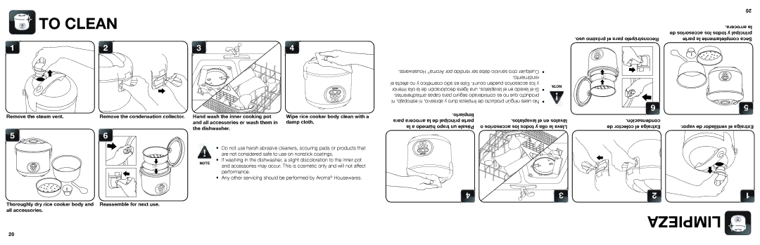 Aroma ARC-1000A To Clean, All accessories or wash them Damp cloth Dishwasher, Uso próximo el para Reconstrúyelo 