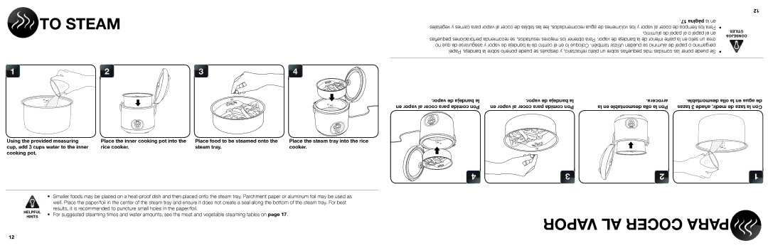 Aroma ARC-1000A instruction manual To Steam, Vapor AL Cocer Para, 17la enpágina, Aluminio de papel el o papel el en 