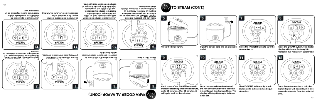 Aroma ARC-1000A instruction manual To Steam, Vapor AL Cocer Para 