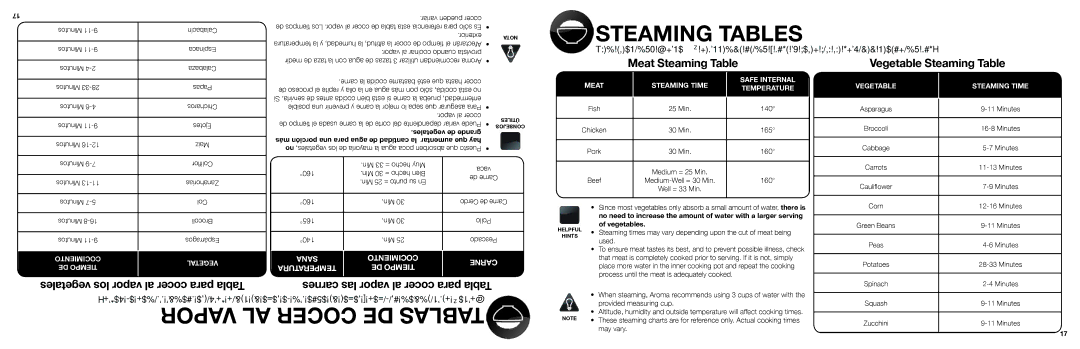 Aroma ARC-1000A instruction manual Steaming Tables, Vegetables 