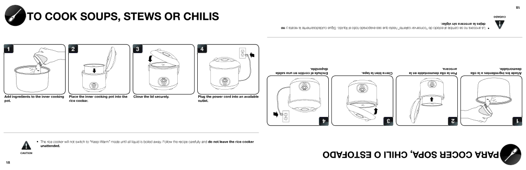 Aroma ARC-1000A instruction manual To Cook SOUPS, Stews or Chilis, Vigilar sin arrocera la dejes, Pot Rice cooker Outlet 