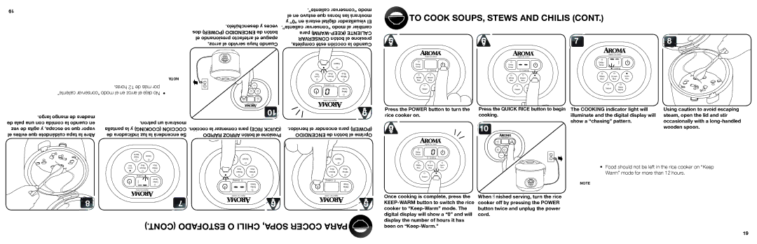 Aroma ARC-1000A instruction manual To Cook SOUPS, Stews and Chilis, Estofado O Chili SOPA, Cocer Para 