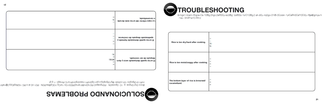 Aroma ARC-1000A instruction manual Problemas Solucionando Troubleshooting, Rice is too dry/hard after cooking, Caramelized 