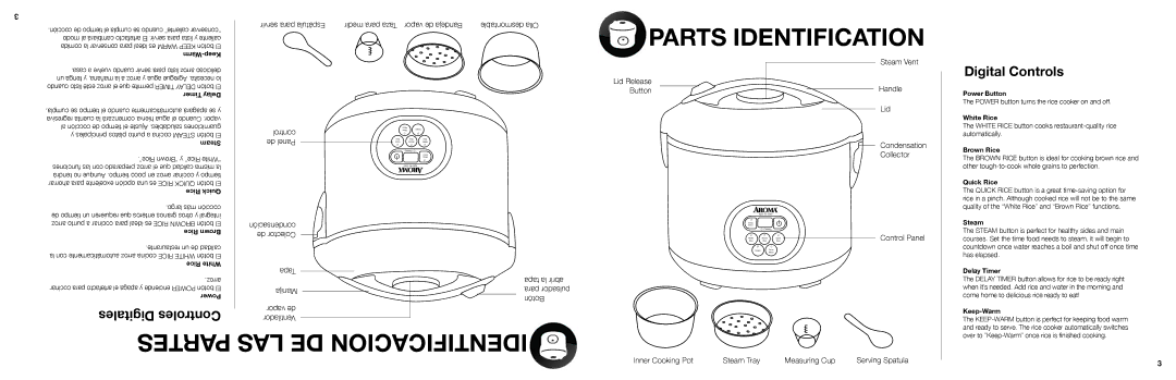 Aroma ARC-1000A instruction manual Parts Identification, Partes LAS DE Identificacion, Tapa la abrir para pulsador Botón 