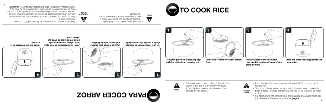 Aroma ARC-1000A instruction manual To Cook Rice, Arroz Cocer Para, Damage the rice cooker 