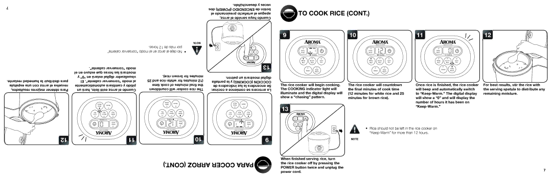 Aroma ARC-1000A instruction manual Pantalla la y Cooking Cocción, Rice cooker will countdown, nal minutes of cook time 