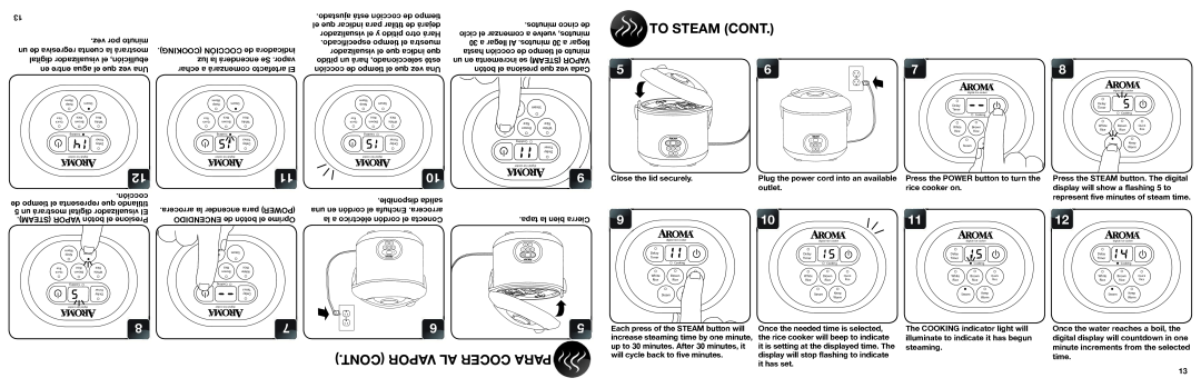 Aroma ARC-1000A instruction manual To Steam Cont, Cont Vapor Al Cocer Para 
