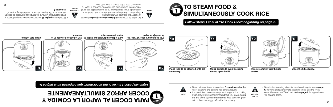 Aroma ARC-1000A Follow steps 1 to 9 of ““To Cook Rice”” beginning on page, cocer ““Para de 9 a 1 pasos los Sigue 