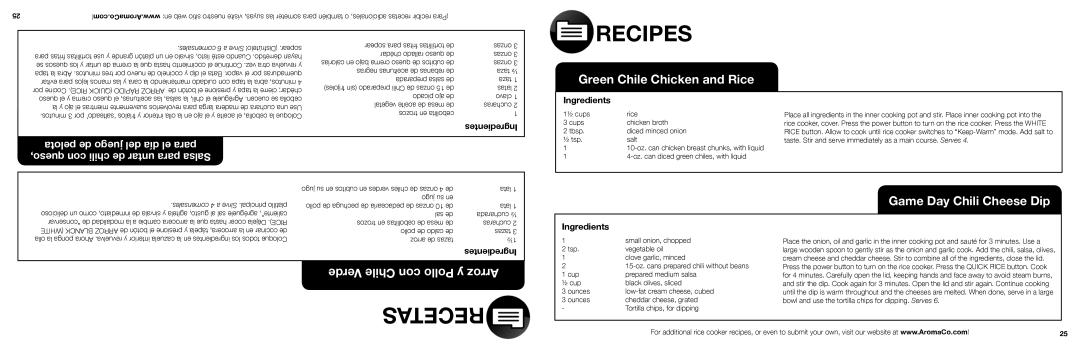 Aroma ARC-1000A Green Chile Chicken and Rice, Verde Chile con Pollo y Arroz, Game Day Chili Cheese Dip, Recipes, Recetas 