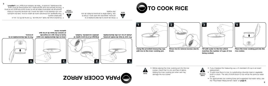 Aroma ARC-1000A instruction manual To Cook Rice, Arroz Cocer Para 
